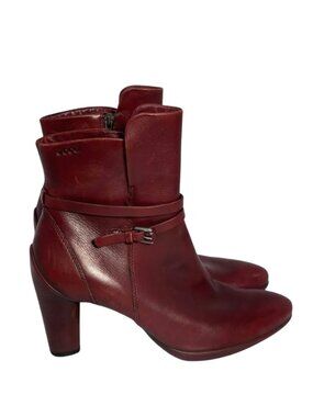 Ecco | Sculptured Burgundy Boots Ankle Bootie Side Zip Block Heels